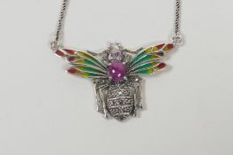 A large 925 silver and plique a jour pendant necklace in the form of a wasp with a central set