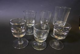 Six mid C18th Georgian wine and cordial glasses with conical bowls, two with illusion bowls, largest