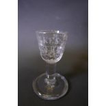 A rare Georgian cordial glass with very heavy foot engraved 'Wilkes Liberty 45' which was a