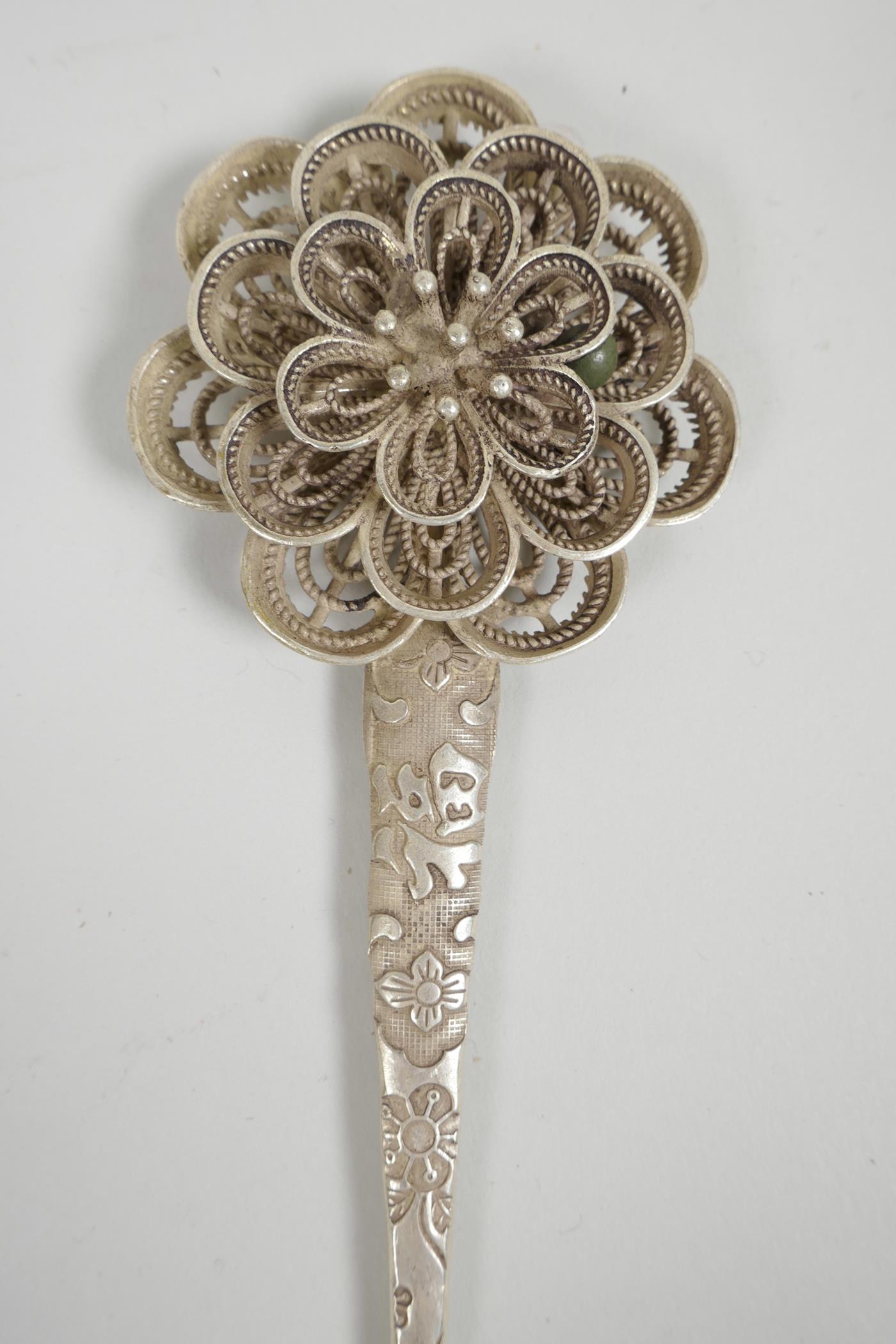 Three Chinese silvered metal hairpins with floral and peacock decoration, impressed character marks, - Image 6 of 7