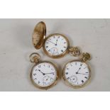 A Dennison rolled gold hunter pocket watch with white enamel dial, Roman numerals and seconds