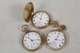 A Dennison rolled gold hunter pocket watch with white enamel dial, Roman numerals and seconds