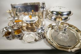 A large quantity of good quality silver plated items including tureens, platters, cocktail shaker,