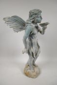 A cast metal garden figure of a fairy, 20" high