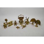 A quantity of small brass ornaments including monkeys, peacocks, figures etc, largest 4½"