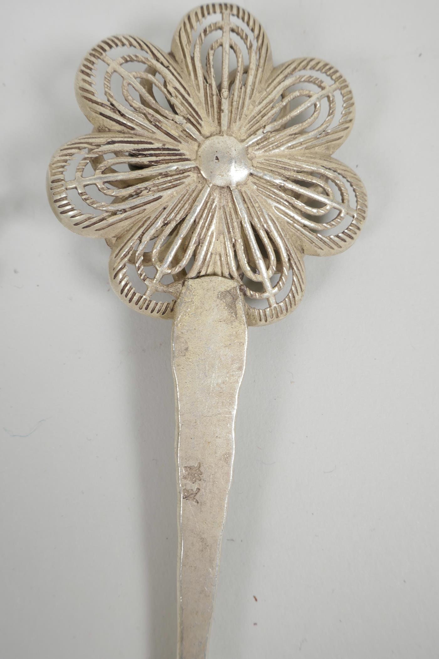 Three Chinese silvered metal hairpins with floral and peacock decoration, impressed character marks, - Image 7 of 7