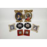 A collection of eight miniature portrait prints, in four different frames