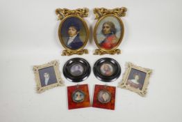 A collection of eight miniature portrait prints, in four different frames