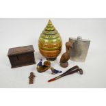 A quantity of small items including a Kashmiri carved walnut box, pewter hip flask, pair of