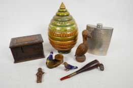 A quantity of small items including a Kashmiri carved walnut box, pewter hip flask, pair of