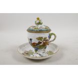 A Capo da Monte chocolate cup, cover and saucer, with raised decoration of tufted ducks and other