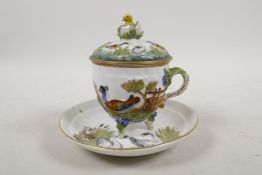 A Capo da Monte chocolate cup, cover and saucer, with raised decoration of tufted ducks and other