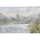 Susan Dakakin, Arundel wildfowl sanctuary, pastel landscape of ducks on a pond, 19½" x 12"