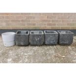 A set of four modern composition terrazzo style pots and another, 8½" x 8½", 8½" high