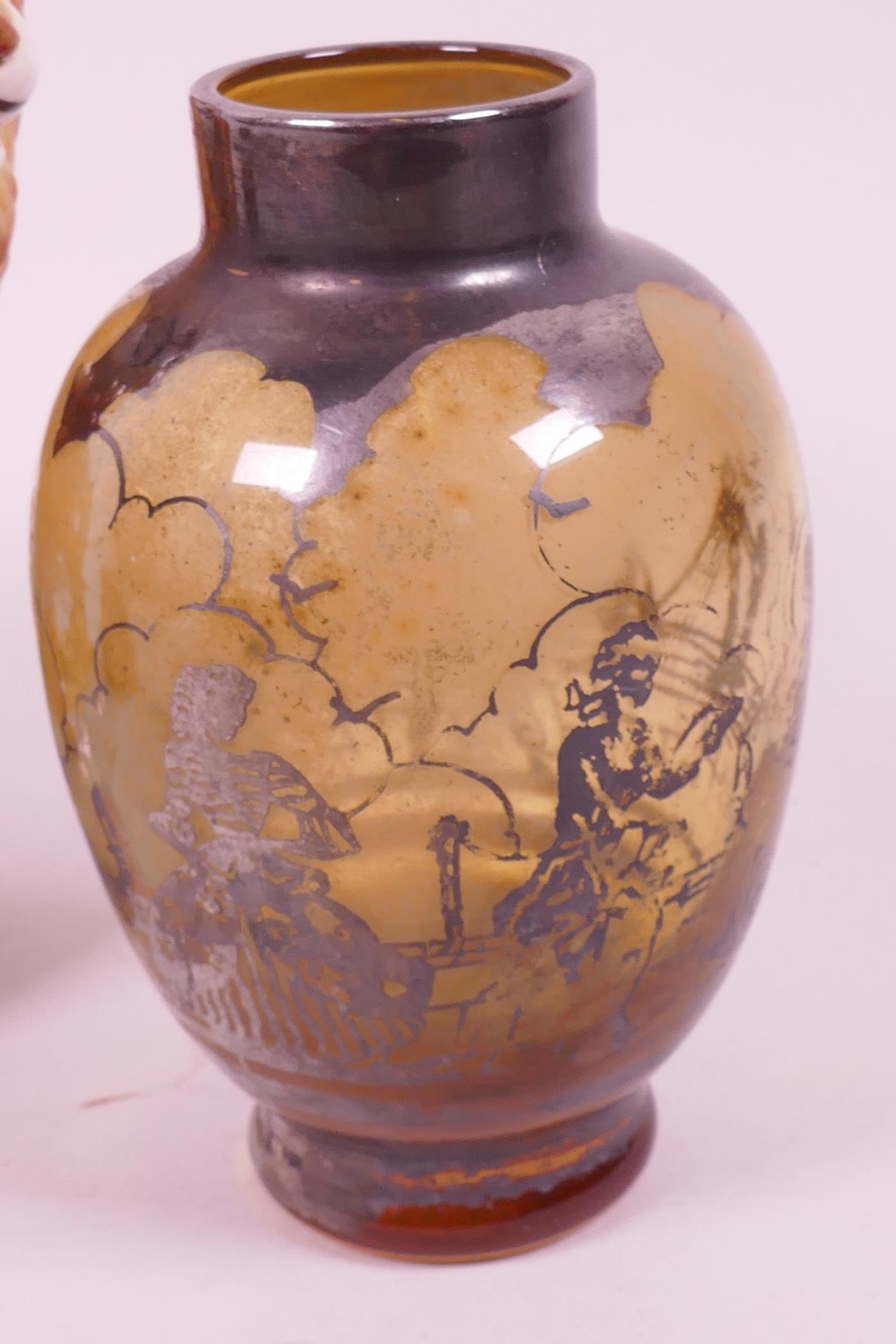 A silver overlaid glass vase decorated with figures on a quayside, 4" high, together with a German - Image 2 of 4