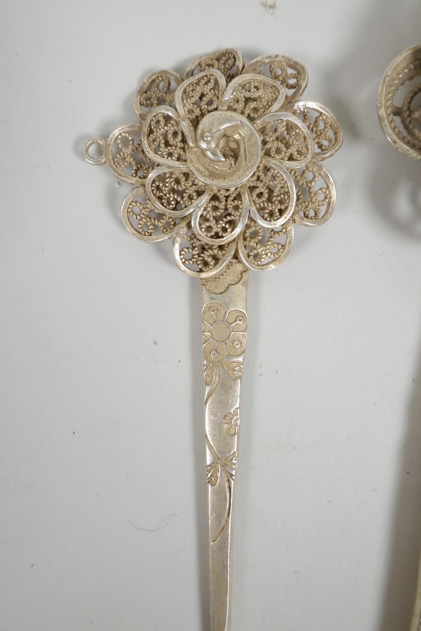 Three Chinese silvered metal hairpins with floral and peacock decoration, impressed character marks, - Image 4 of 7