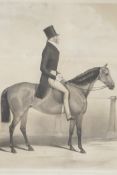 A C19th engraving, gentleman on horseback in a top hat, 12½" x 15"