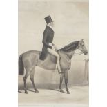 A C19th engraving, gentleman on horseback in a top hat, 12½" x 15"