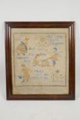 A rosewood framed needlework sampler, children and nursery rhymes