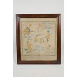 A rosewood framed needlework sampler, children and nursery rhymes