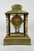 A French onyx and brass cased portico clock with enamelled columns decorated with classical maidens,