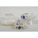 An Indian circular agate dressing table pot and cover, the lid inset with flowers, 5" diameter,