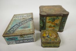 A vintage decorative Keen's Mustard tin, 6" x 7" x 7", together with a Jacobs Cream Crackers tin,