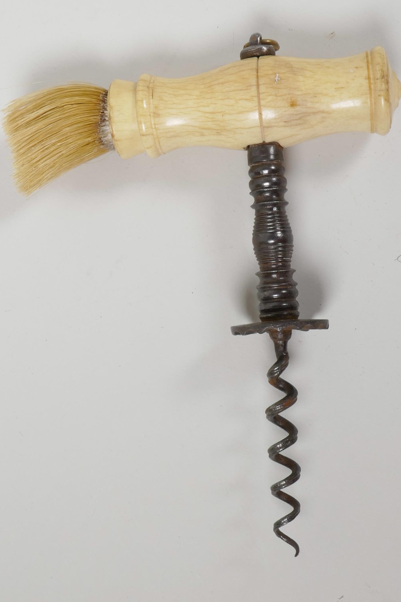 An antique double helix steel corkscrew with bone handle and hair brush, 6" long - Image 2 of 2