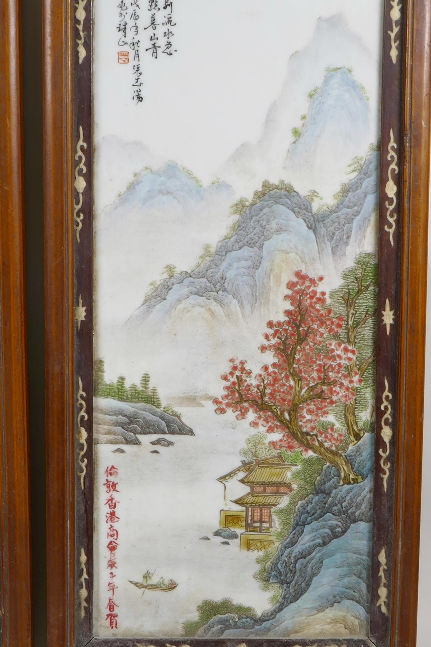 A pair of Chinese Republic porcelain panels decorated with a polychrome river landscape, mounted - Image 4 of 6