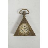 A brass cased triangular pocket watch with Masonic decoration, 2" x 2½"