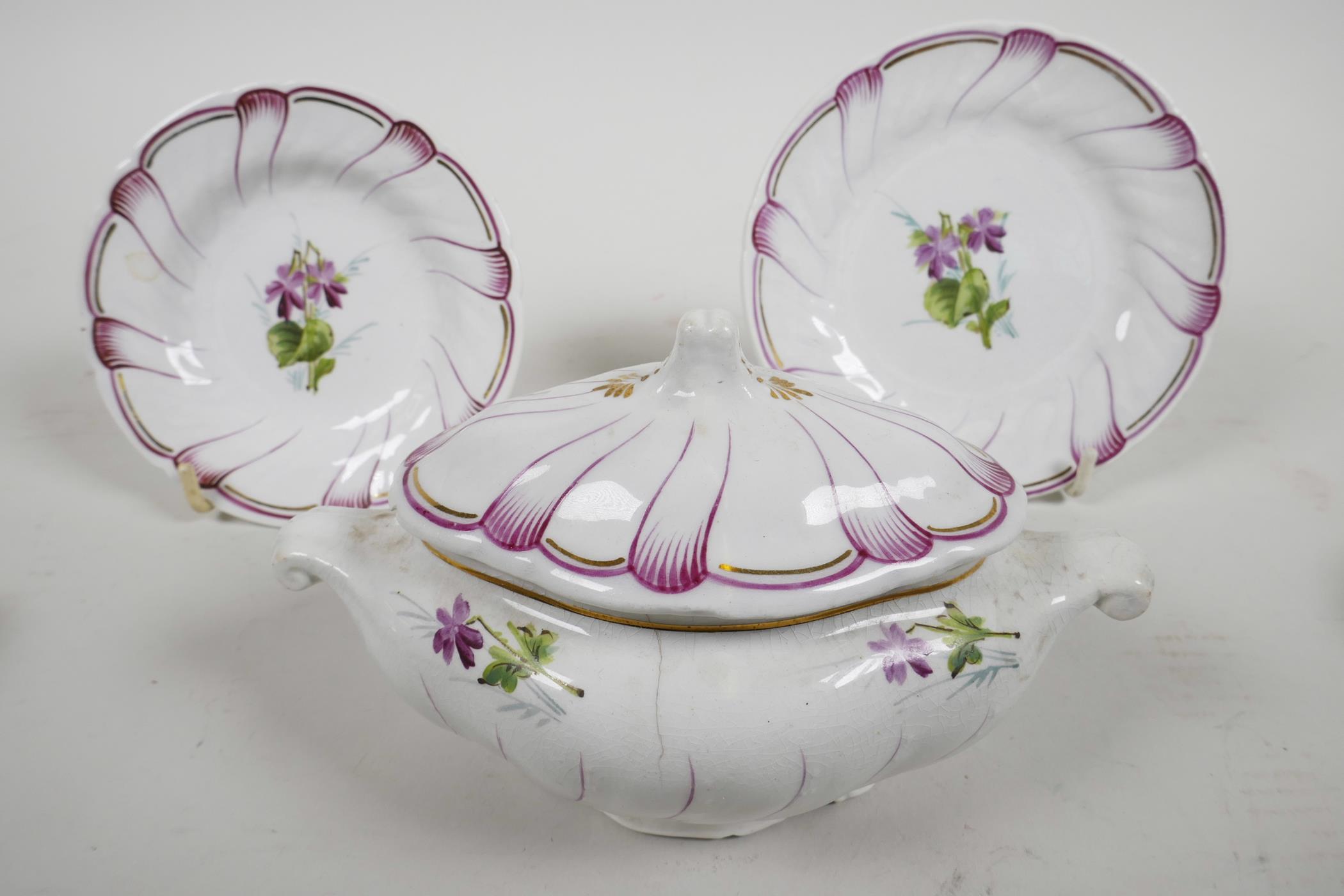 A late C19th Continental child's miniature porcelain part dinner service with scalloped rims and - Image 2 of 8