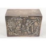 A hallmarked silver card box, the front chased and engraved with a scene of a musician serenading