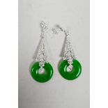 A pair of 925 silver and apple jade drop earrings, 2" drop