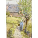 Two figures on a path by a barn, old label verso 'East Lothian, Alexander Jamieson, 13½" x 9"