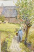 Two figures on a path by a barn, old label verso 'East Lothian, Alexander Jamieson, 13½" x 9"