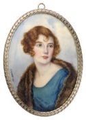 Marguerite Rossert (French, early C20th) a portrait miniature of a 'Lady in a Blue Dress' with a fur