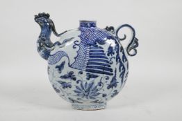 A Chinese blue and white porcelain phoenix pourer, 8" high