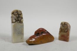 Three Chinese soapstone seals with carved figured and rat decoration to tops, 4" largest
