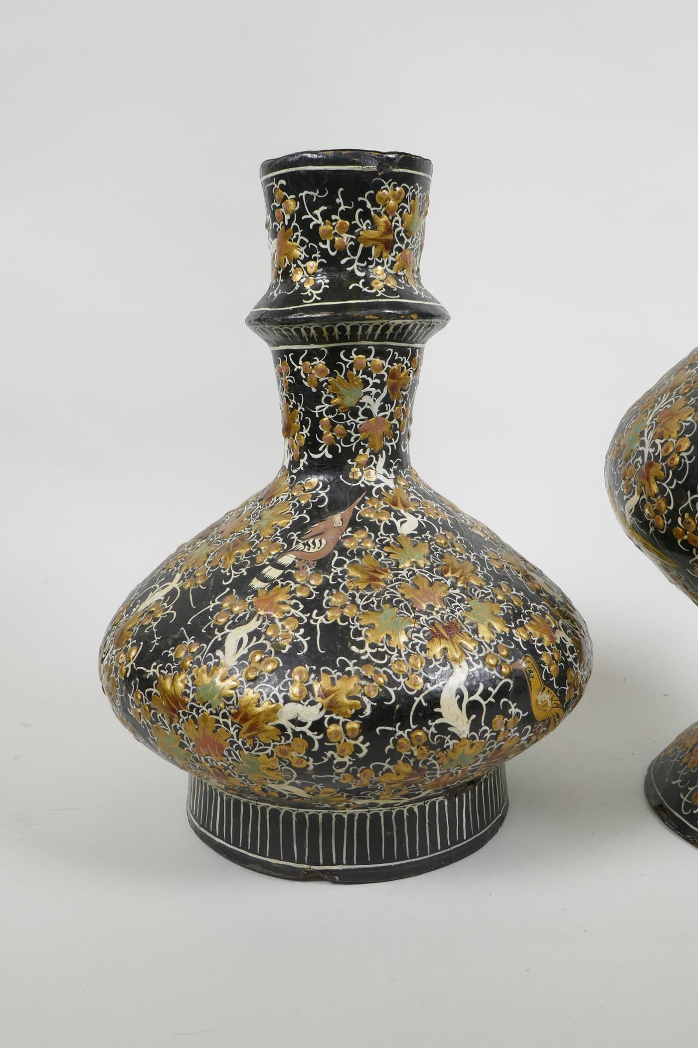 A Kashmiri papier mâché and brass hookah base, and another similar, decorated with birds amongst - Image 2 of 8