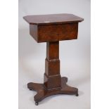 A C19th burr yew wood work box on a graduated column support, 13" x 18", 28" high