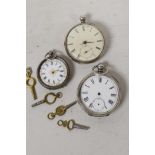 Three silver cased pocket watches, A/F, together with four decorative pocket watch keys