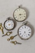 Three silver cased pocket watches, A/F, together with four decorative pocket watch keys