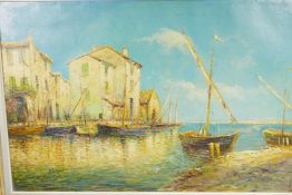 Mediterranean coastal scene with quarryside buildings and moored boats, signed indistinctly, 32" x