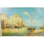 Mediterranean coastal scene with quarryside buildings and moored boats, signed indistinctly, 32" x