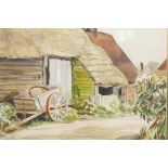 V. Denham, farmyard scene with box trailer in foreground, signed, watercolour, 15" x 10½"
