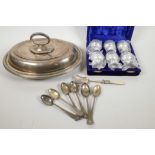 A silver plated oval entree dish by Mappin & Webb, 11" x 8", together with a set of six Mappin &