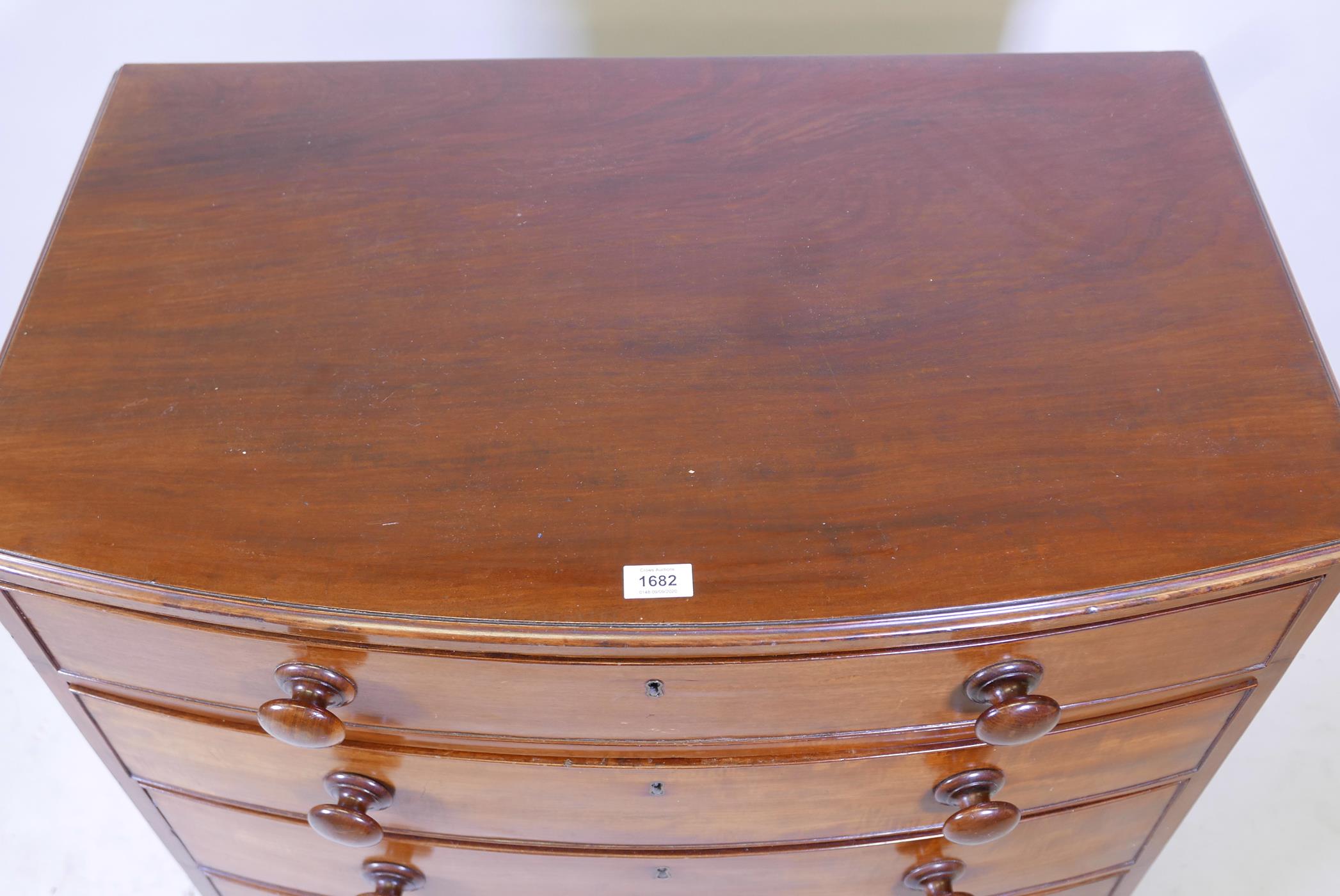 A C19th mahogany bowfront chest of four long drawers, raised on swept supports, reduced, 34" x 21" x - Image 3 of 3