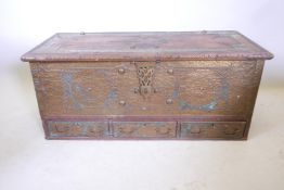 A C19th teak Zanzibar chest with brass stud and banded decoration, 50" x 22" x 21½? high