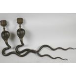 Two Benares brass wall candle sconces in the form of cobras, 20" long