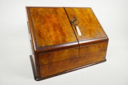 A handsome Victorian stationery/writing box in burr walnut, c.1890, with sloped doors and a
